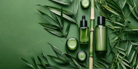 Green and bamboo leaves on a green background with a bottle of green liquid and a jar of green liquid.