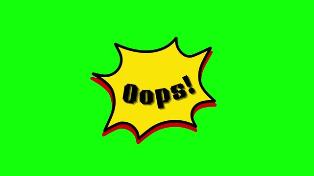 Oops text element animation on a green screen background