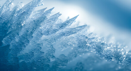 Close up of sharp and intricate ice crystals glittering in the light against a soft blue background, creating a wintery, frozen landscape