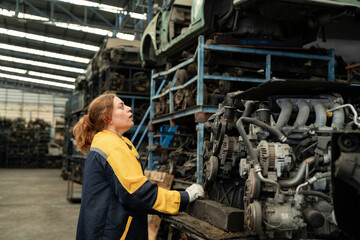 Portrait woman Middle east technician or engineer checking auto part or car part at car part warehouse	