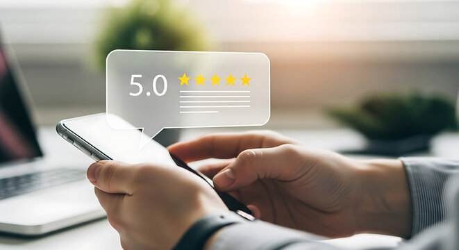 Customer experience concept, person using mobile phone with five star icon