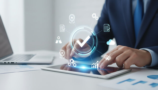 Quality assurance concept, businessman using tablet with check mark icon, audit