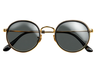 Round sunglasses with gold rims and dark lenses on a black background