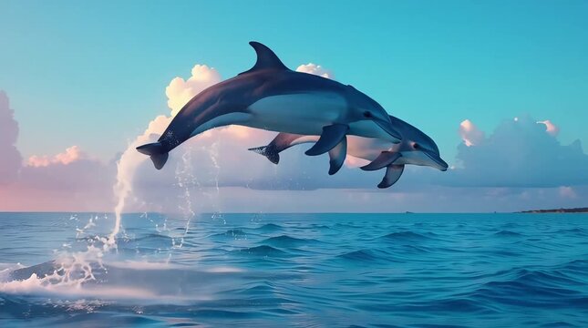 Two dolphins jumping out of the water, blue sea with white foam, clear sky with pink and white clouds, bright and colorful