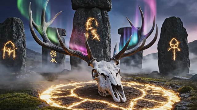Mystical Deer Skull Ritual - This image shows a deer skull resting within a glowing circle, amidst standing stones engraved with glowing symbols.
