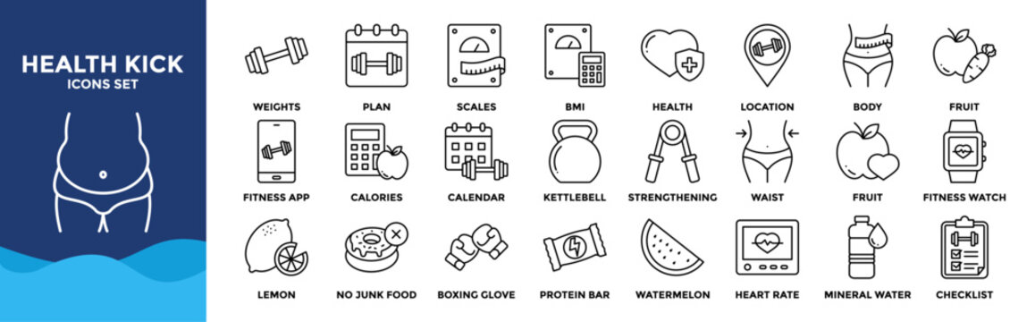 Health Kick icon collection set. Containing design Weight, Plan, Scales, BMI, Fat, Health
