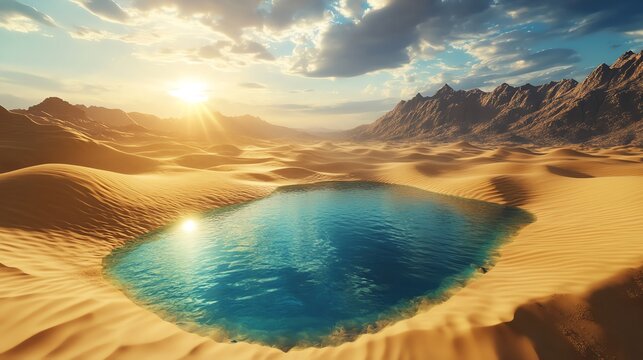 Discover a captivating desert oasis featuring a glowing blue lake surrounded by shimmering golden dunes in stunning detail.