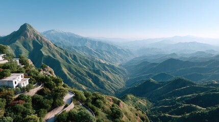 Naklejka premium Panoramic View Of Layered Green Hills With Distant Mountains Under A Clear Blue Sky With Scattered Buildings And Lush Vegetation On A Sunny Day