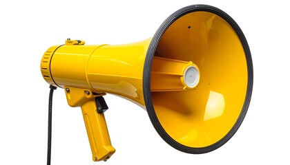 Yellow megaphone on white background for announcements and public speaking.