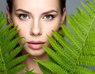 Womans Natural Beauty Surrounded by Ferns - A Portrait of Serenity.