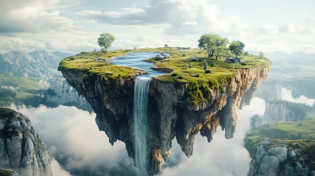 A breathtaking surreal image of a floating landmass with rivers flowing into the sky, blending reality and fantasy in perfect harmony.