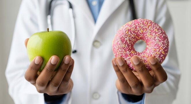 African American doctor offering healthy green apple and unhealthy doughnut. Banner template of choice between good and bad food for diet and diabetes prevention.