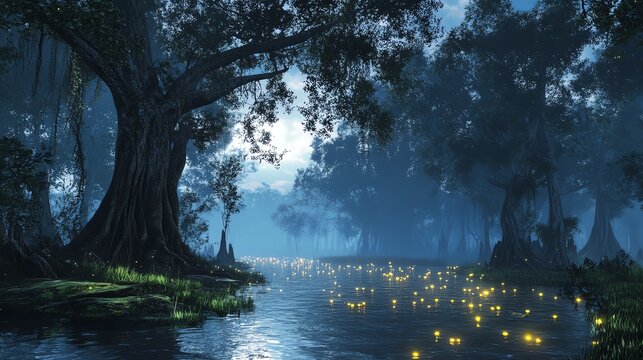 A breathtaking view of a mysterious swamp land with twisted trees, eerie mist, and glowing fireflies captures nature's allure.
