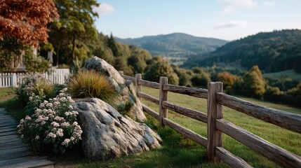 Fototapeta premium Peaceful wooden fence in a sunlit meadow with rolling green hills and trees in the background on a clear day