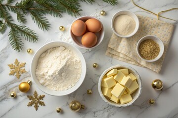 Flatlay of baking ingredients ready for cooking in kitchen