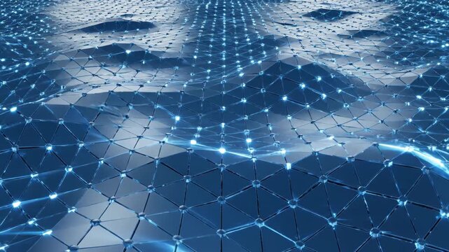 Abstract Digital Network - A close-up abstract image shows a blue, triangular network with luminous connection points.