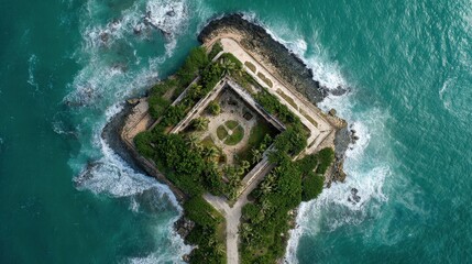 Aerial Top View of an Abandoned Square Coastal Fort with Courtyard