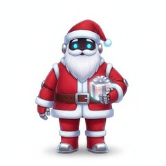 A cheerful robot santa claus stands isolated on white background holding a gift box