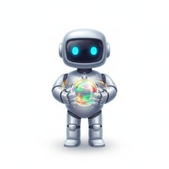 A cute robot holding a glowing orb isolated on white background, futuristic technology concept