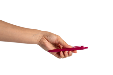 Red pen in hand on transparent background.

