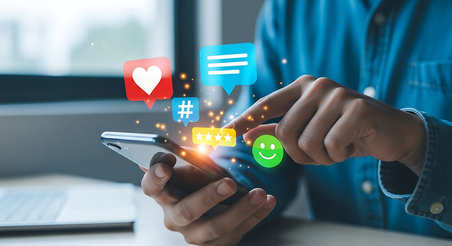 Man using social media app on smartphone for communication and marketing online