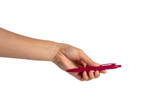 Red pen in hand on transparent background.
 - Powered by Adobe