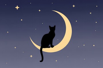 Whimsical black cat sits serenely on a glowing crescent moon under a star-filled sky, perfect for dreamy designs and enchanting children's stories