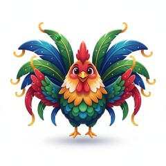 A colorful cartoon rooster with vibrant feathers isolated on white background happy and cheerful