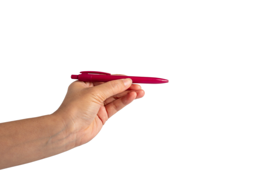 Red pen in hand on transparent background.
