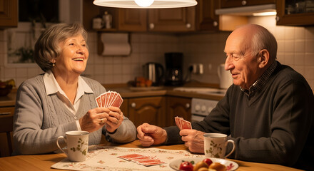 Elderly couple playing cards and smiling at kitchen table in evening  