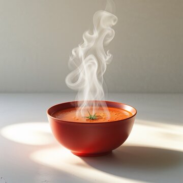 **"A vibrant, steaming bowl of rich red tomato soup is presented simply against a clean, light background, capturing the warmth and fresh aroma of a comforting meal. A gentle wisp of steam rises elega