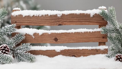 Snow-covered wooden mini fence with frosty pine branches

