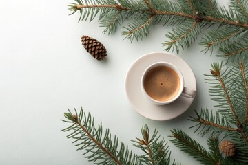 Minimalist coffee cup with pine branches in studio scene