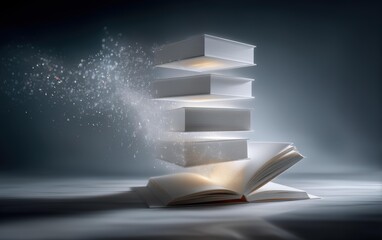 Conceptual Image of Floating Books with Glowing Pages Creating Sparkles and a Dreamlike Atmosphere Representing Knowledge and Imagination