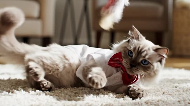 Playful Ragdoll Kitten Wearing Bowtie - A cute ragdoll kitten wearing a white shirt and red bowtie is lying on a textured rug.