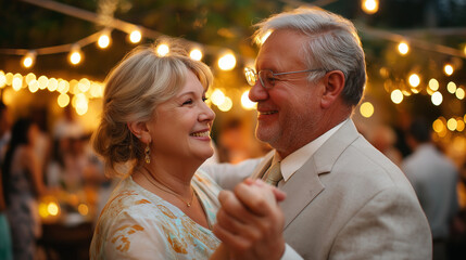 Parents’ dance under string lights, tears and laughter mixed, wedding, parents dance, reception, emotions, family, candid, love, storytelling, with copy space