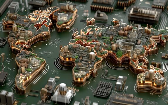 Intricate World Map Rendered as a Circuit Board with Metallic Accents, Showcasing Technology and Global Connectivity