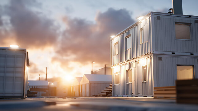 A temporary modular housing area established for displaced families, representing social support, crisis management, innovation, and adaptability in disaster response. cinematic color correction,