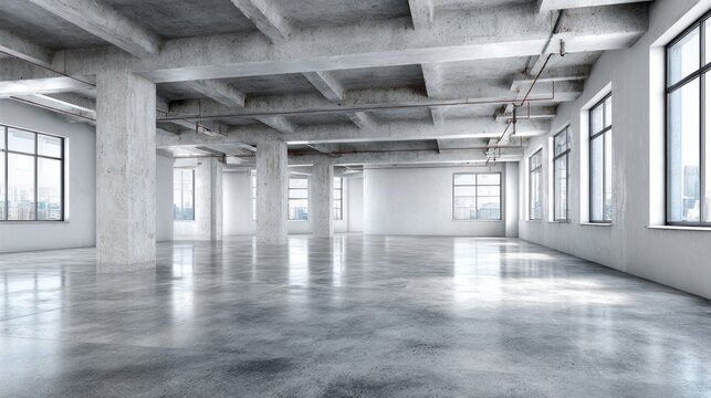 Spacious, empty industrial loft space with concrete floors and large windows.