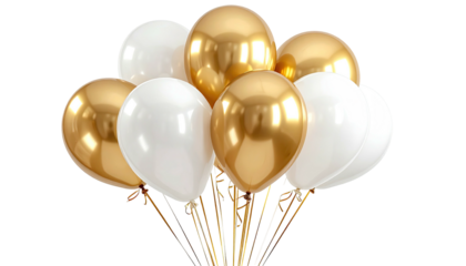 Gold & white balloons bunch, floating on black background