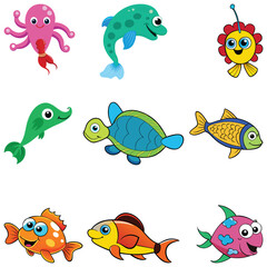 Set sea animals in cartoon style isolated on white background