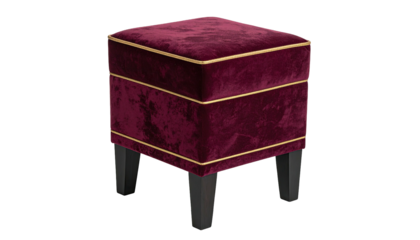 Square deep-red velvet stool with gold trim, dark legs