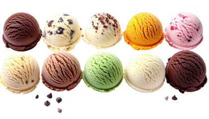 Ten colorful, delicious ice cream scoops in a row