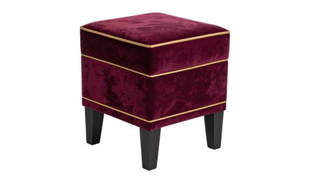 Square deep-red velvet stool with gold trim, dark legs - Powered by Adobe