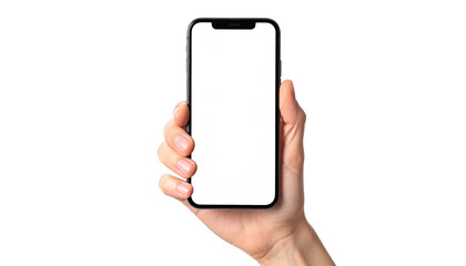 Hand holds modern frameless smartphone, blank white screen centered