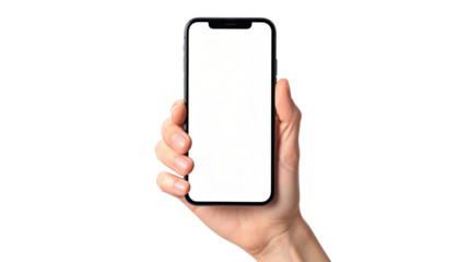 Hand holds modern frameless smartphone, blank white screen centered