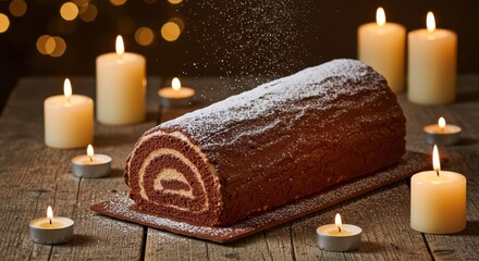 A yule log cake dusted with powdered sugar surrounded by lit candles on a wooden surface, creating a warm and festive holiday dessert scene