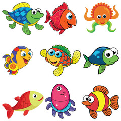 Set sea animals in cartoon style isolated on white background