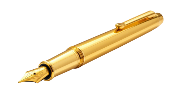 Elegant gold fountain pen with ornate nib, against black