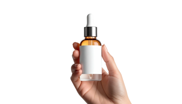 Hand holds amber bottle with dropper on a stark black background